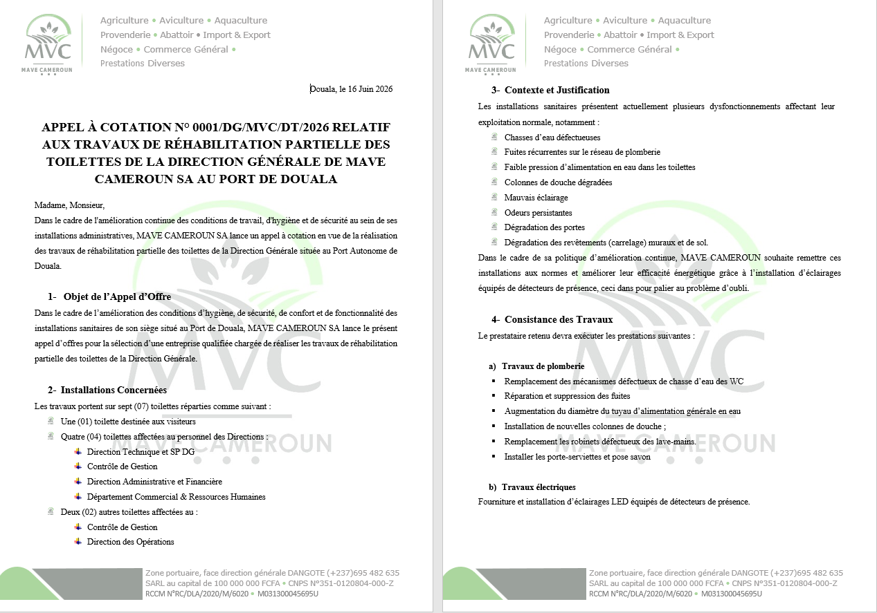 APPEL À COTATION N° 0001/DG/MVC/DT/2026 RELATIF AUX TRAVAUX DE RÉHABILITATION PARTIELLE DES TOILETTES DE LA DIRECTION GÉNÉRALE DE MAVE CAMEROUN SA AU PORT DE DOUALA