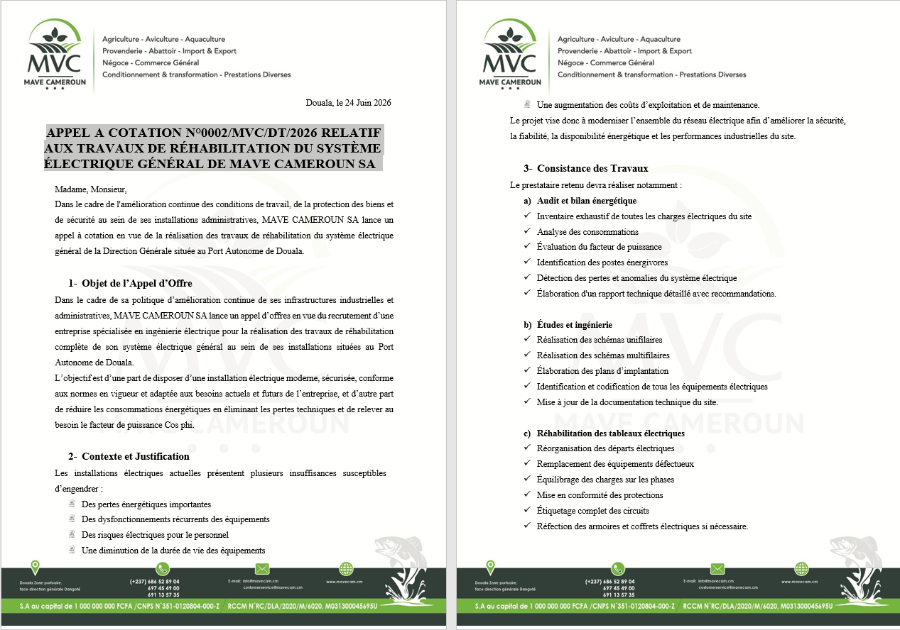 APPEL A COTATION N°0002/MVC/DT/2026 RELATIF AUX TRAVAUX DE RÉHABILITATION DU SYSTÈME ÉLECTRIQUE GÉNÉRAL DE MAVE CAMEROUN SA