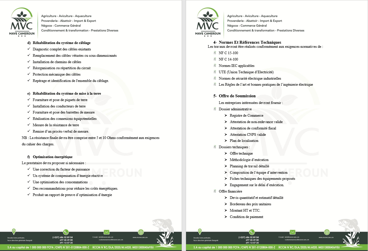 APPEL A COTATION N°0002/MVC/DT/2026 RELATIF AUX TRAVAUX DE RÉHABILITATION DU SYSTÈME ÉLECTRIQUE GÉNÉRAL DE MAVE CAMEROUN SA