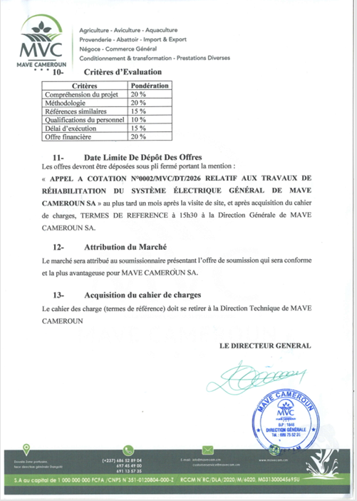 APPEL A COTATION N°0002/MVC/DT/2026 RELATIF AUX TRAVAUX DE RÉHABILITATION DU SYSTÈME ÉLECTRIQUE GÉNÉRAL DE MAVE CAMEROUN SA