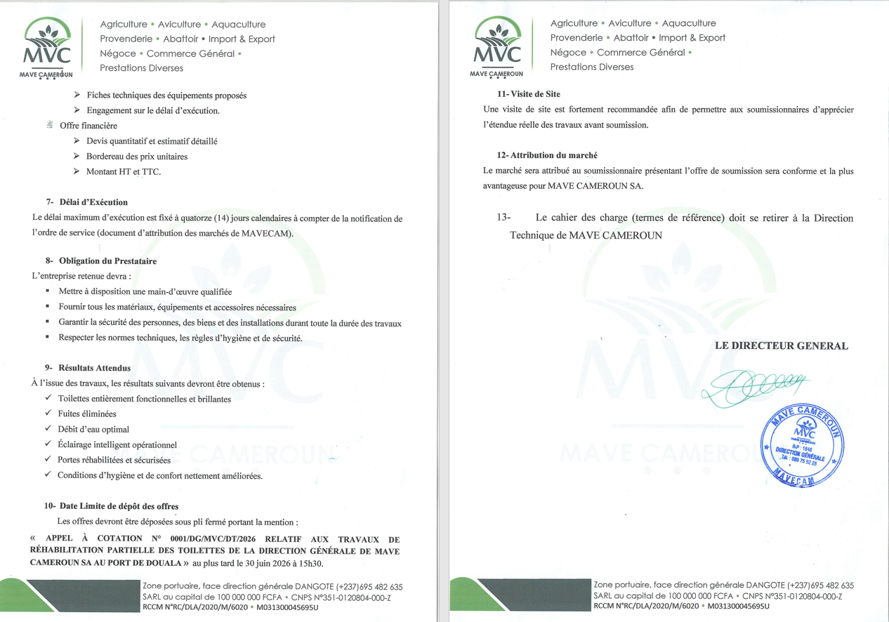 APPEL À COTATION N° 0001/DG/MVC/DT/2026 RELATIF AUX TRAVAUX DE RÉHABILITATION PARTIELLE DES TOILETTES DE LA DIRECTION GÉNÉRALE DE MAVE CAMEROUN SA AU PORT DE DOUALA